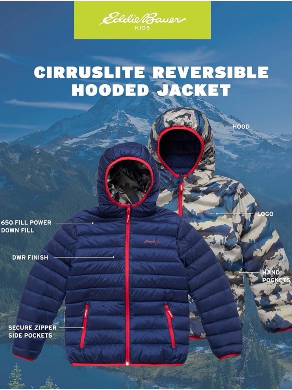 Eddie Bauer Kids Reversible Puffer Jacket in Navy and Camo with Red Trim - Picture 2 of 10